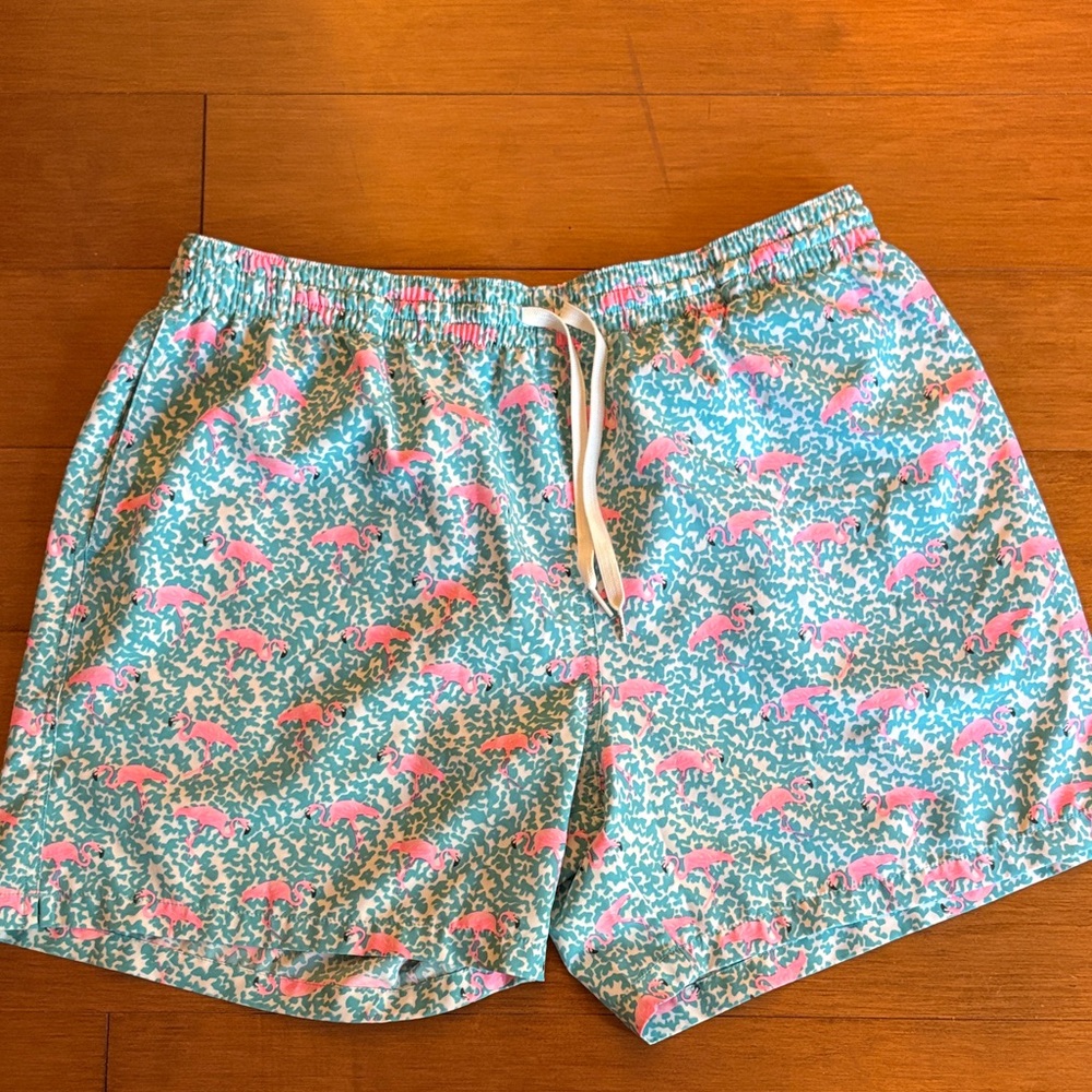 chubbies Turquoise Swim Trunks with Pink Flamingo Print